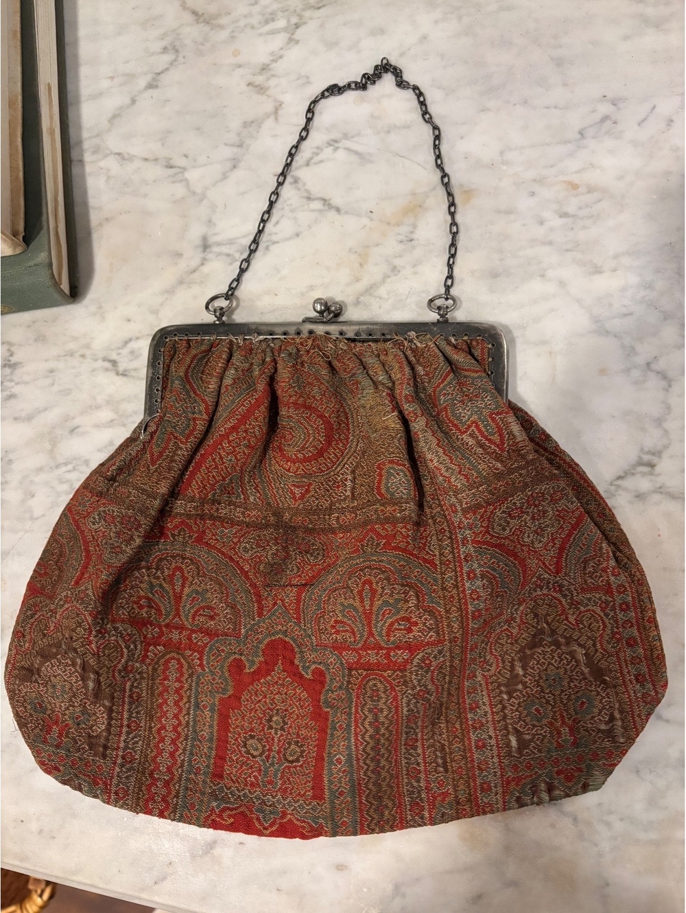 Vintage Early 20th Century Fabric Evening Bag with Kiss-Lock and Chain Handle